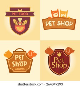 Set of vector logos for pet shop, hotel. Animal welfare, quality service and useful food.