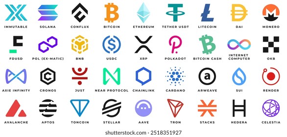 Set of vector logos of popular cryptocurrencies and tokens: Tether, Solana, Cardano, Avalanche, Sui, XRP, Render, BNB, Toncoin, Chainlink, Polkadot, Aptos, POL (ex-MATIC), Monero, Stellar and more.