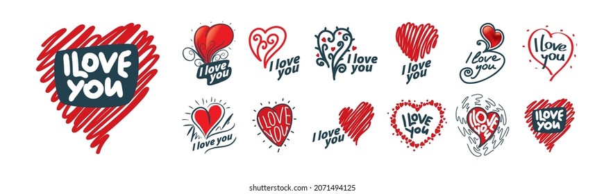 A set of vector logos with red hearts on a white background