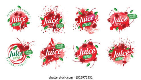 Set of vector logos splashing cherry juice on white background