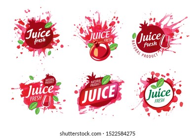 Set of vector logos splashing pomegranate juice on white background