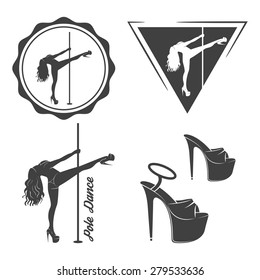 set of vector logos for strip  plastic (pole dance). Girl on the pole, sandals heels