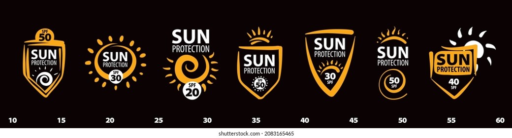 A set of vector logos Sun protection on a black background