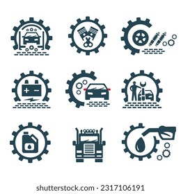 Un conjunto de logotipos vectoriales de transporte y partes automáticas.