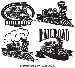 Set of vector logos in vintage style with locomotives. Emblems, labels, badges or patterns on a retro railroad theme