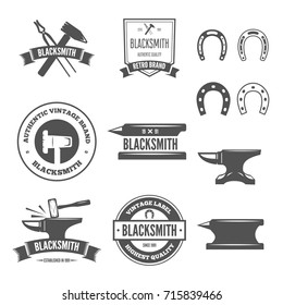Set of vector logotypes elements, labels, badges and silhouettes for blacksmith