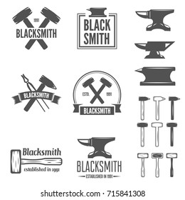 Set of vector logotypes elements, labels, badges and silhouettes for blacksmith