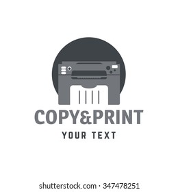 Set of vector logotypes with printer. Gray scale copy and print labels collection.