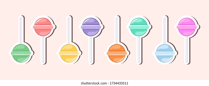 Set of vector lollipops. Rainbow shiny candy. Colorful party sticker collection. Sweet icons. Tasty sugar snack. Strawberry, apple, pineapple, berry, licorice, orange, mint, peppermint flavor.