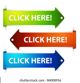 Set of vector long horizontal colorful arrows with a text click here!