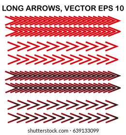 Set of vector long narrow arrows. Color - red and gradient red-black. It is possible to use them for info-graphics, presentations and collages. They can also be placed on warning or directing signs.