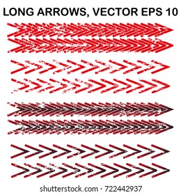 Set of vector long textured arrows. Cracked and frayed arrows can be used to create grunge illustrations