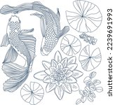Set of vector lotus flowers and goldfish blue on white