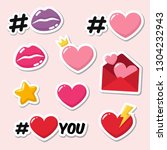 Set of vector love icon sticker. Sticker in the form of lips, #heart, hearts, love letters and text: I love you. Illustration of romantic stickers 