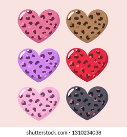 Set of vector love romantic heart icons. Hearts are textured under the leopard and in different colors. Illustration of hearts in flat minimalism style.
