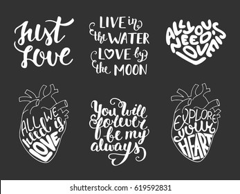 Set of vector love romantic lettering for greeting cards, decoration, prints and posters. Hand drawn typography design elements. Handwritten lettering. Modern ink brush calligraphy.