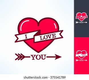 Set of vector i love you hipster design with ribbon, heart and arrows. Love and romance design element.