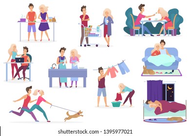 Set of vector loving couple activities. Cooking, shopping products, having dinner, working, relaxing, watching movie, romantic evening together, washing clothes, walking with pet dog, sleeping.
