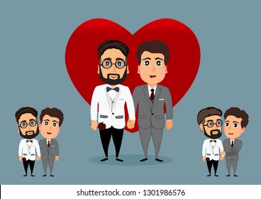 Set Vector Of A Loving Gay Male Couple On Their Wedding Day.couple Gay Marriage