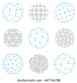 Set of vector low poly spherical objects with connected lines and dots, 3d geometric wireframe shapes. Perspective trigonometry facet orbs created with triangles, squares and pentagons.