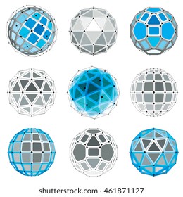 Set of vector low poly spherical objects with connected lines and dots, 3d geometric wireframe shapes. Perspective trigonometry facet orbs created with triangles, squares and pentagons.