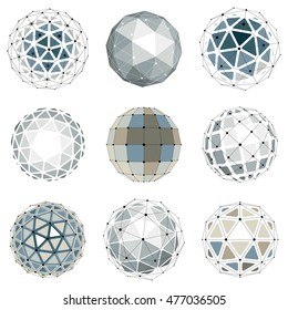 Set of vector low poly spherical objects with connected lines and dots, 3d geometric wireframe shapes. Perspective trigonometry facet orbs created with triangles, squares and pentagons.