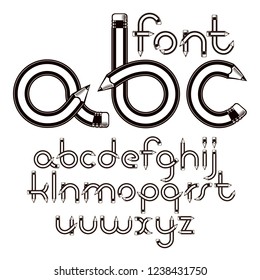 Set of vector lower case English alphabet letters isolated created with pencils, education idea. For use in reporting and journalism. 