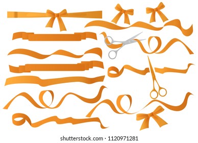 Set of vector luxury golden satin tapes ribbons with scissors isolated. Curved realistic tape ribbon.