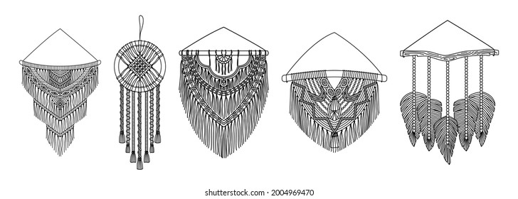 Set of vector macrame murals in boho style. Line art