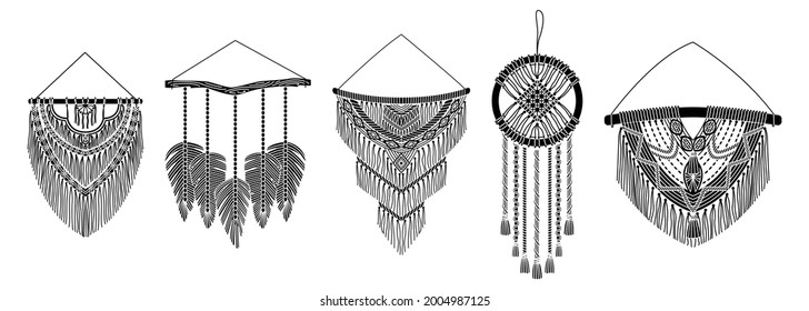 Set of vector macrame murals in boho style. Simple style