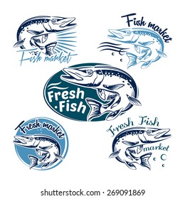 Set of vector made with fresh fish market logos, labels and badges for your design