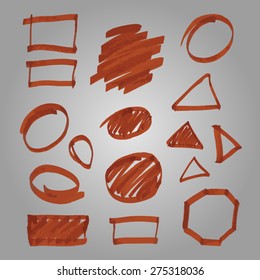 Set of vector made marker: round, rectangle, octagon, triangle, spot. Doodle elements collection. Place for the text. 