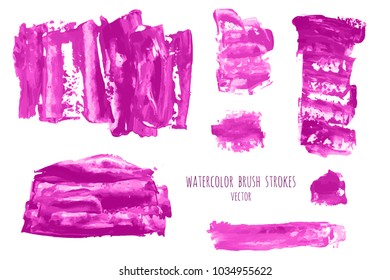 Set of vector magenta, pink, red watercolor hand painted texture backgrounds isolated on white. Abstract collection of fluid ink, acrylic pours, dry brush strokes, stains, spots, blots, elements.