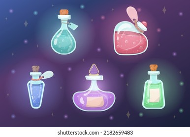 A set of vector magic bottles and flasks. Colorful magic potions. Cartoon cliparts, symbols