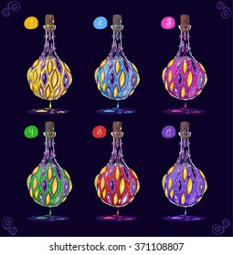 Set of vector magic glass bottles of different poison and potions on a dark background for the game