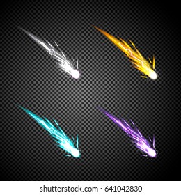 Set of vector magic glowing comet with starry light effect. Sparkling dust star, a neon blur flying meteor. 