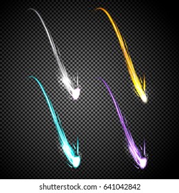 Set of vector magic glowing comet with starry light effect. Sparkling dust star, a neon blur flying meteor. 