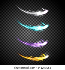 Set of vector magic glowing comet with starry light effect. Sparkling dust star, a neon blur flying meteor. Sparkling concept for banner, web, illustration.