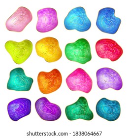 Set of vector magic multicolored liquid shapes. Shiny flowing design elements isolated on white background.