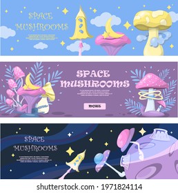 Set of vector magic mushrooms. Space cartoon mushrooms. A set of witch icons for Halloween. Colorful illustrations of space with flying saucers, planets and stars. Square rectangular composition. Bann