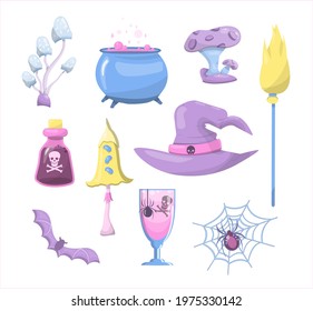 Set of vector magic mushrooms. Space cartoon mushrooms. Colorful illustrations of space with flying saucers, planets and stars. Banner, advertisement, poster. A set of witch icons for Halloween.