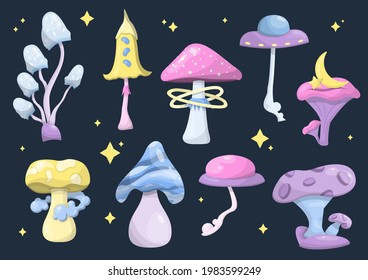 Set of vector magic mushrooms. Space cartoon mushrooms. Colorful illustrations of space with flying saucers, planets and stars. Banner, advertisement, poster. A set of witch icons for Halloween.