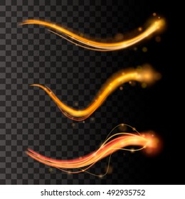 Set of vector magic neon light curved lines. Color comet on transparent background.