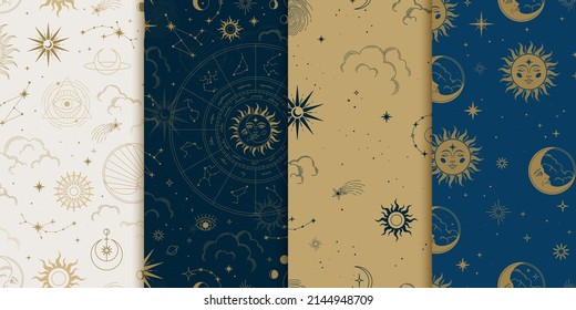 Set vector magic seamless pattern and constellations  zodiac wheel  sun  moon  magic eyes  clouds   stars  Mystical esoteric background for design fabric  packaging  astrology  case  yoga mat