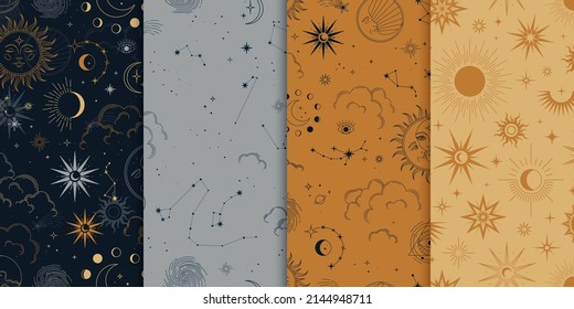 Conjunto de patrones vectoriales sin fisuras con constelaciones, rueda zodiaca, sol, luna, ojos mágicos, nubes y estrellas. Fondo esotérico místico para el diseño de tela, embalaje, astrología, estuche, alfombra de yoga