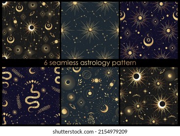 Set of vector magic seamless pattern with constellations, sun, moon and stars. Mystical esoteric background for design of fabric, packaging, astrology, case, yoga mat