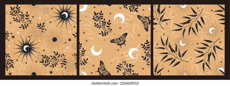 Set of vector magic seamless pattern with constellations, sun, moon, butterflies, herbs and stars. Mystical esoteric background for design of fabric, packaging, astrology, case, yoga mat