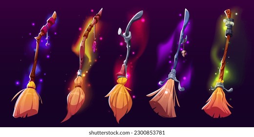 Set of vector magic witch broom clipart for fantasy game cartoon illustration. Halloween wizard stick with vibrant shimmer and blur effect. Isolated witchcraft item with sparkle and luminosity.