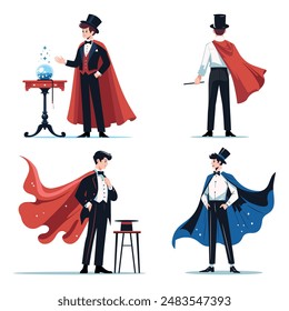 Set of vector magician characters isolated on white background. Circus illusionist collection.