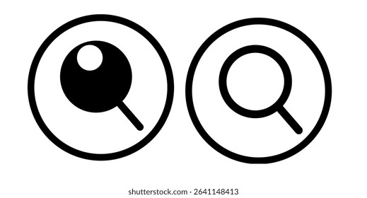 Set of vector magnifying glass icons in black and white minimal design. Simple search symbols enclosed in circle frames.